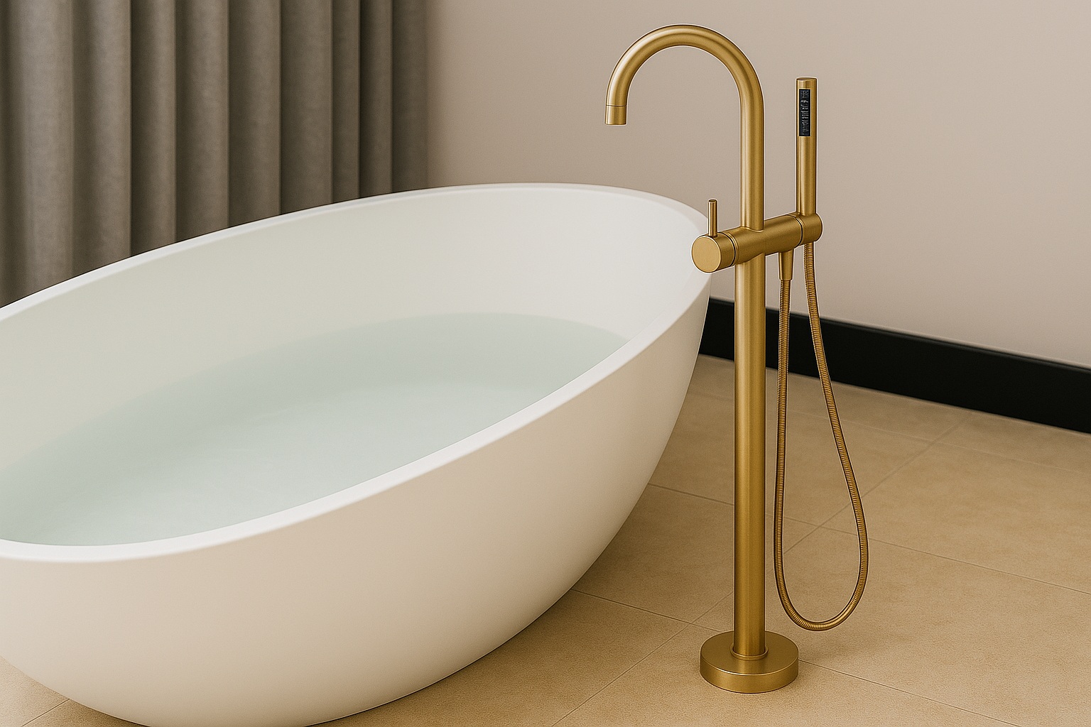 Freestanding gold Fontana tub filler set next to an oval soaking tub in a hospitality suite bathroom